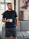 Men summer pajama set Black T-shirt + Black X White Stripes Short